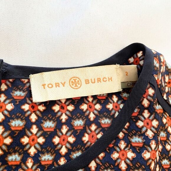 TORY BURCH 100% SILK SHORT SLEEVE BOXY TOP IN ORANGE BLUE FLORAL GEO PATTERN - 2 - Picture 7 of 10